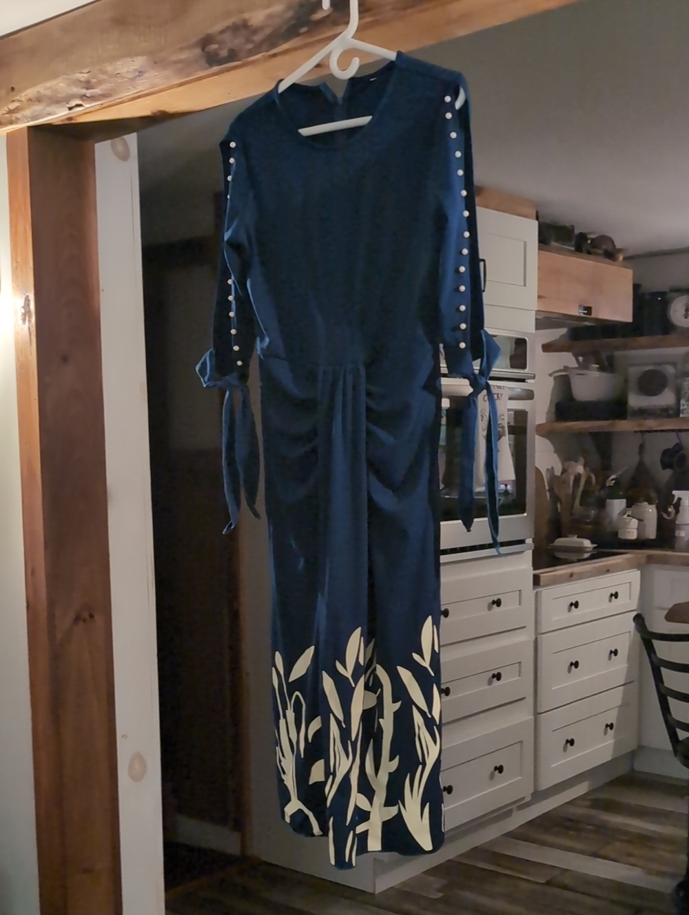 Navy Tie-Sleeve Midi Dress with Cream Botanical Print